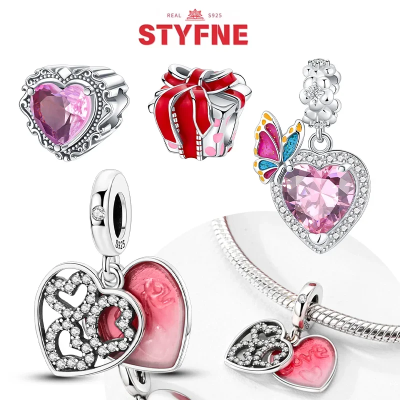 

Silver S925 Pink Heart Charm Gift Butterfly Beads Shiny Zircon Fit Original Bracelets DIY Charm for Women Fine Jewelry Gifts