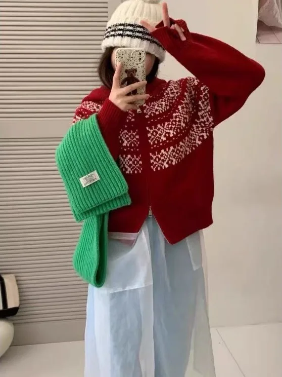 

Retro Korean Red Knitted Sweater Coat ort Thiened Women's Autumn Winter Faion Small Size Coat with Hat for Teenage Girls