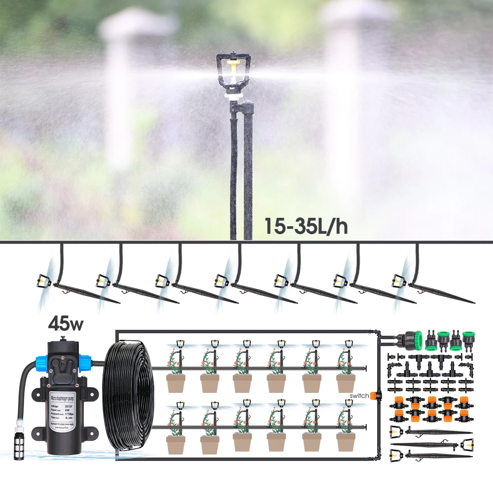 

45W Pump Misting Refraction Spray System Automatic Self-priming Pump Cooling Water Irrigation System 27cm Atomizer Sprinklers