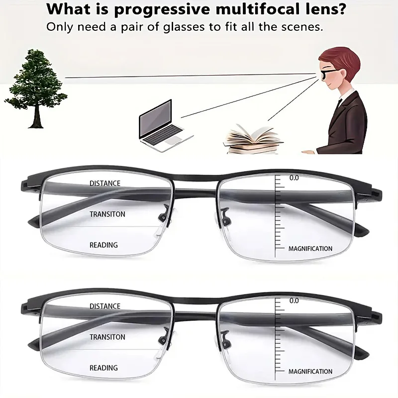 2 Stück Bestseller Progressive Multifokal-Lesebrillen Anti-Blaulicht-Brille Halbrahmen Metall-Legierung Herren Damen 1,0 - 4,0 Schwarz
