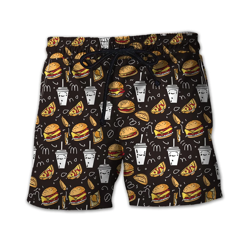 Calça curta masculina com gráfico Fast Food Shorts de praia Hawaii Burger Fries, baú de hambúrguer, sanduíche de frango frito Bermudas