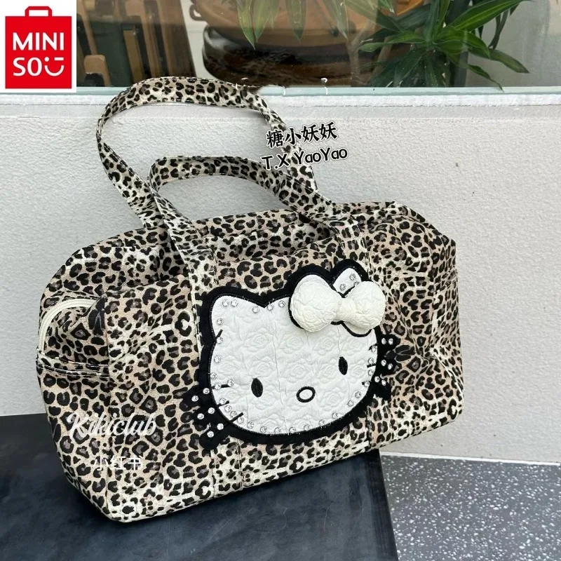 MINISO 2025 New Retro Leopard Pattern Hello Kitty Shoulder Tote Bag for Women, Large Capacity Versatile Luggage Tote Bag