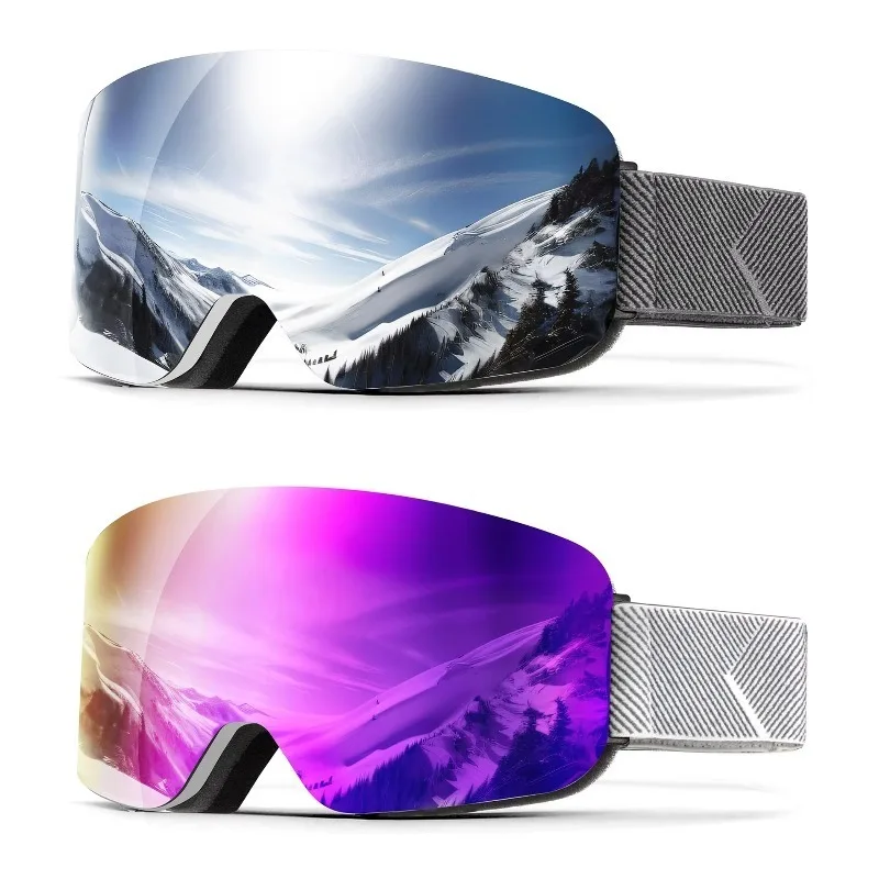 Airo Ski & Snowboard Goggles for Men/Women Anti-Fog 100% UV Protection PC Material White Frame with Silver/White Purple Lenses