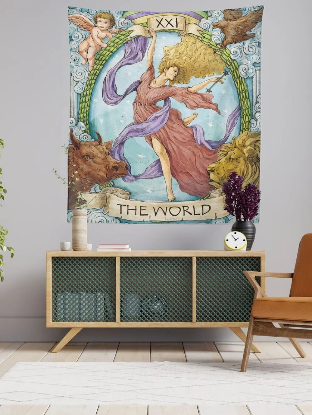 Vintage The World Tarot Wall Tapestry Mysterious Occult Art Wall Hanging Aesthetic Room Decor