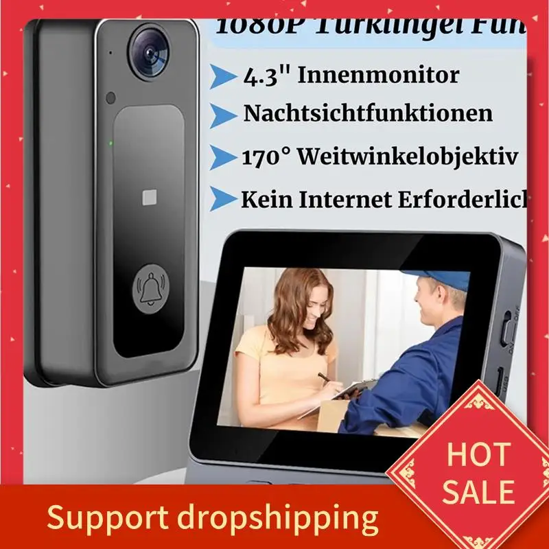 

Беспроводной дверной звонок B44C с камерой внутренней связи, экраном 4,3 дюйма, широкоугольным объективом, видеоночным видением