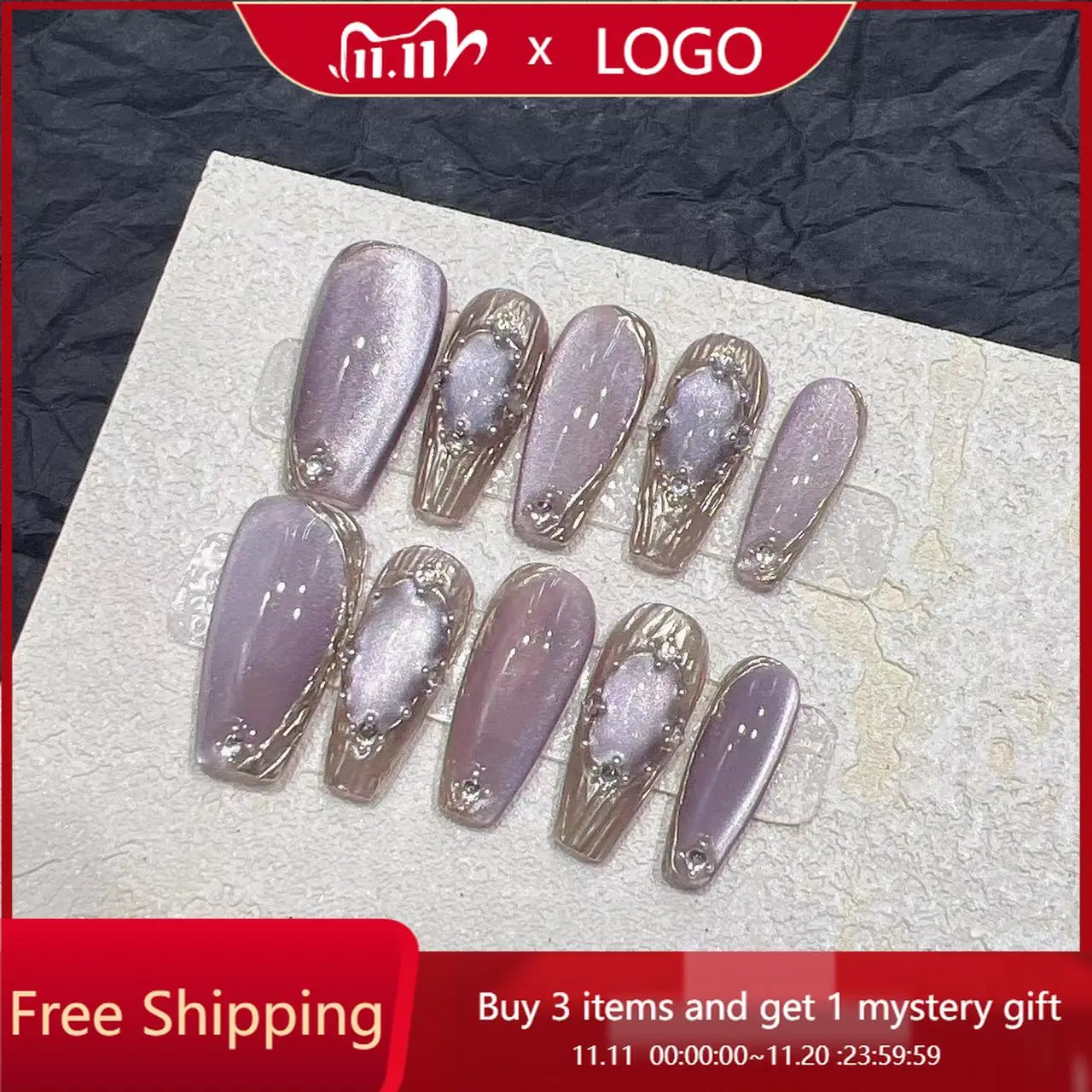 

10pcs Handmade Press on Nails Purple Light Bulb Cat Eye Buchra Magic Mirror Miracle Fake Nail for Women&Girl Removable Nail Art