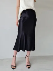 Women Summer Slim High Waist Skirt Fashion Elegant Solid Color Vacation Casual Basic Long Satin Flowy Skirt 2024 New Streetwear