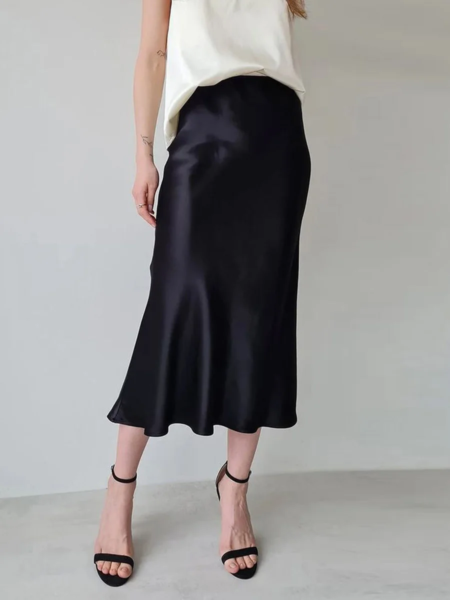 New Fashion Womens Summer High Waist Skirt Solid Color Long Satin Skirt For Travel Beach Shopping Skin Friendly Hot Sale S M L