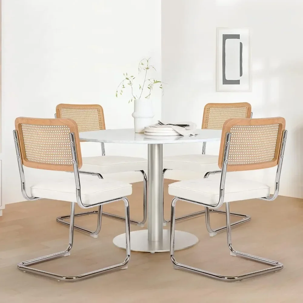 

Upholstered Dining Chair Set of 2 Modern Breuer Designed Rattan Back Stainless Chrome Base Armless Dining Chairs for Kitchen