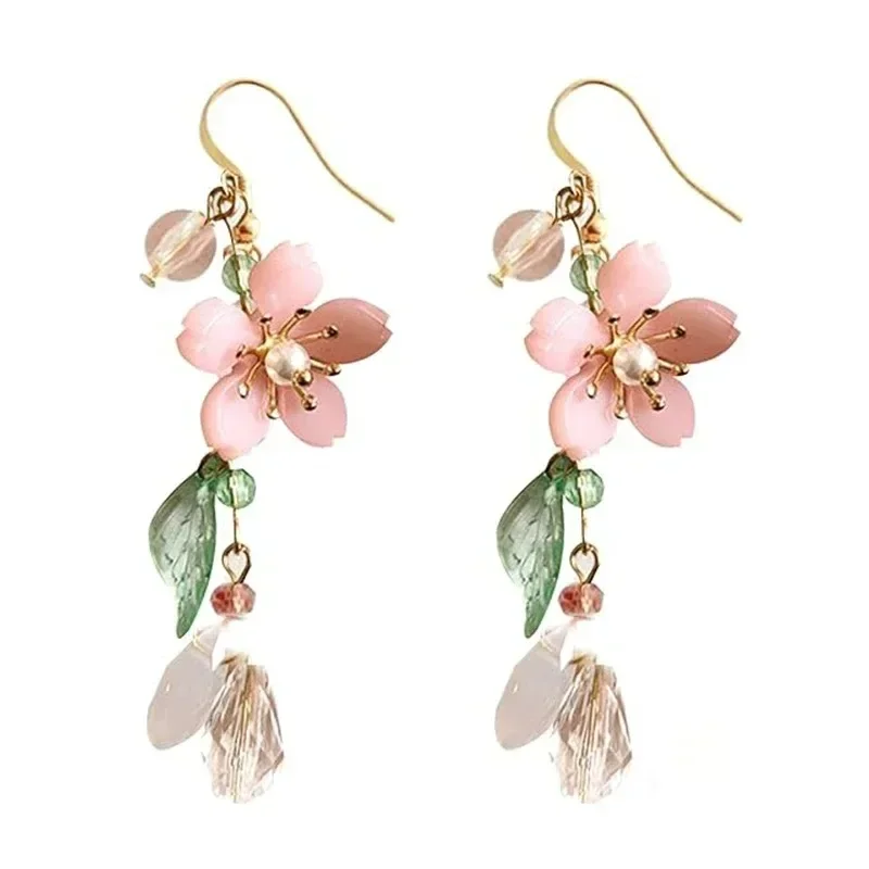 

Exquisite Spring Pink Flower Dangle Earrings for Women, Fairy Charms Floral Leaf Earrings Summer Holiday Pendants Earrings Gifts