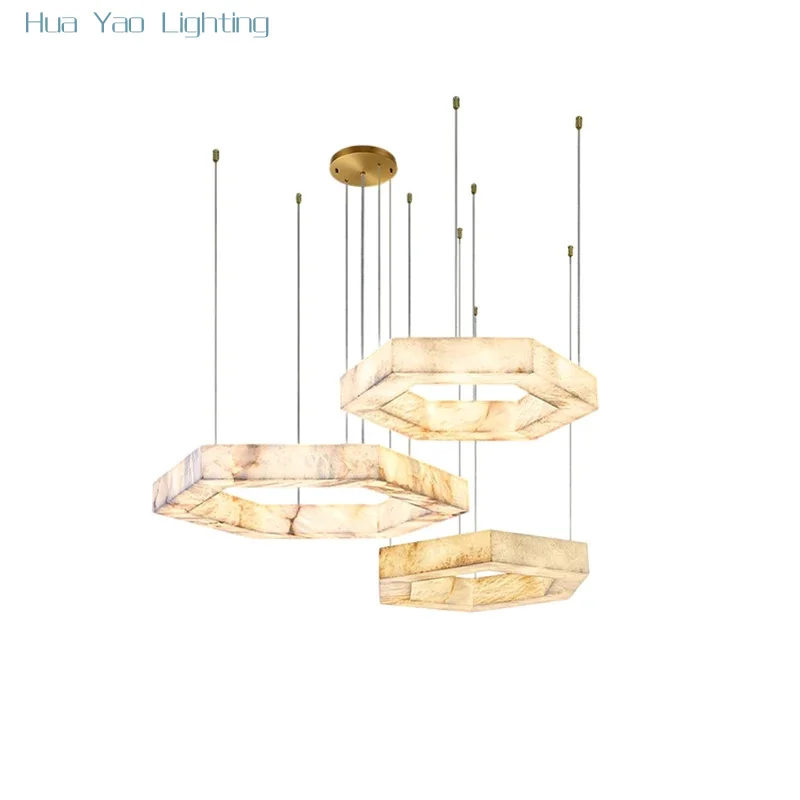 

Обновите свой дом с помощью нашей шестиугольной светодиодной мраморной люстры 2025, изготовленной из натурального алебастрового подвесного светильника с функцией затемнения