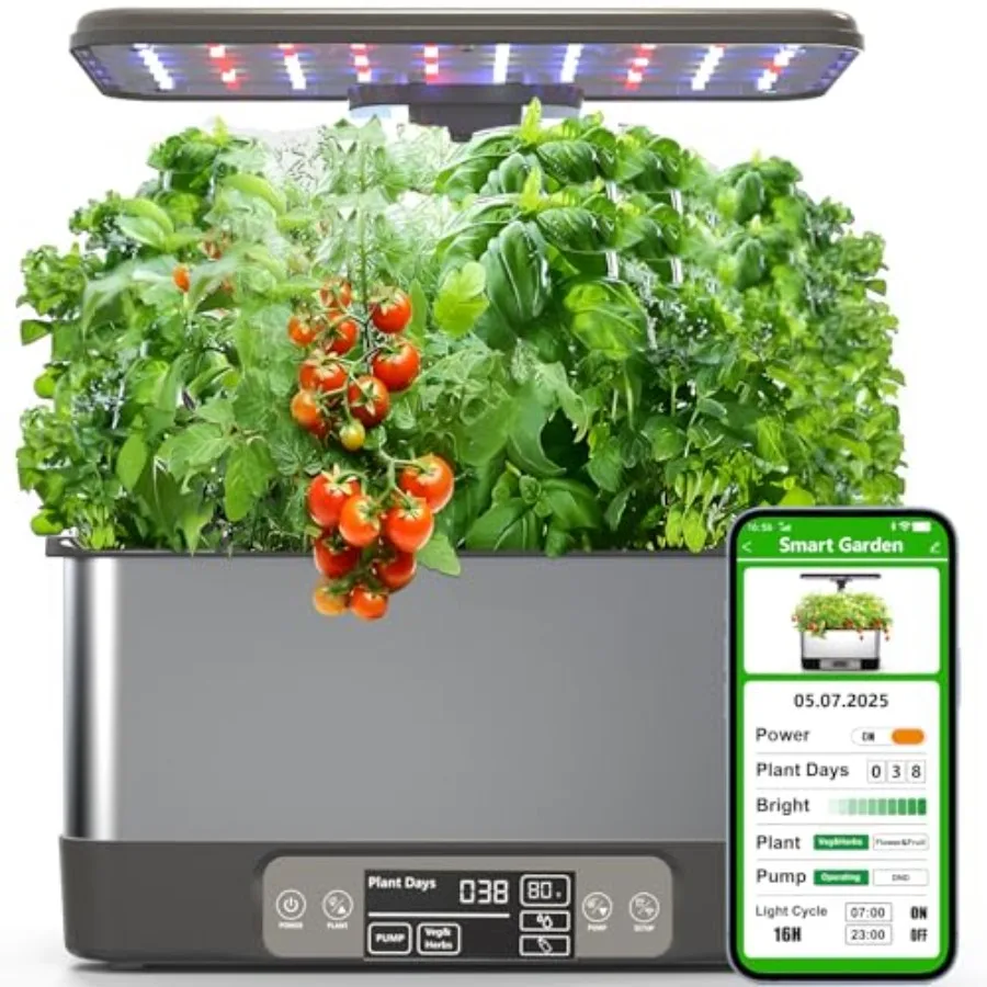 

Система для выращивания растений в помещении (гидропоника) с 8 модулями, из нержавеющей стали, серая, с управлением через приложение, Wi-Fi, автотаймером, бесшумным насосом и фитолампой