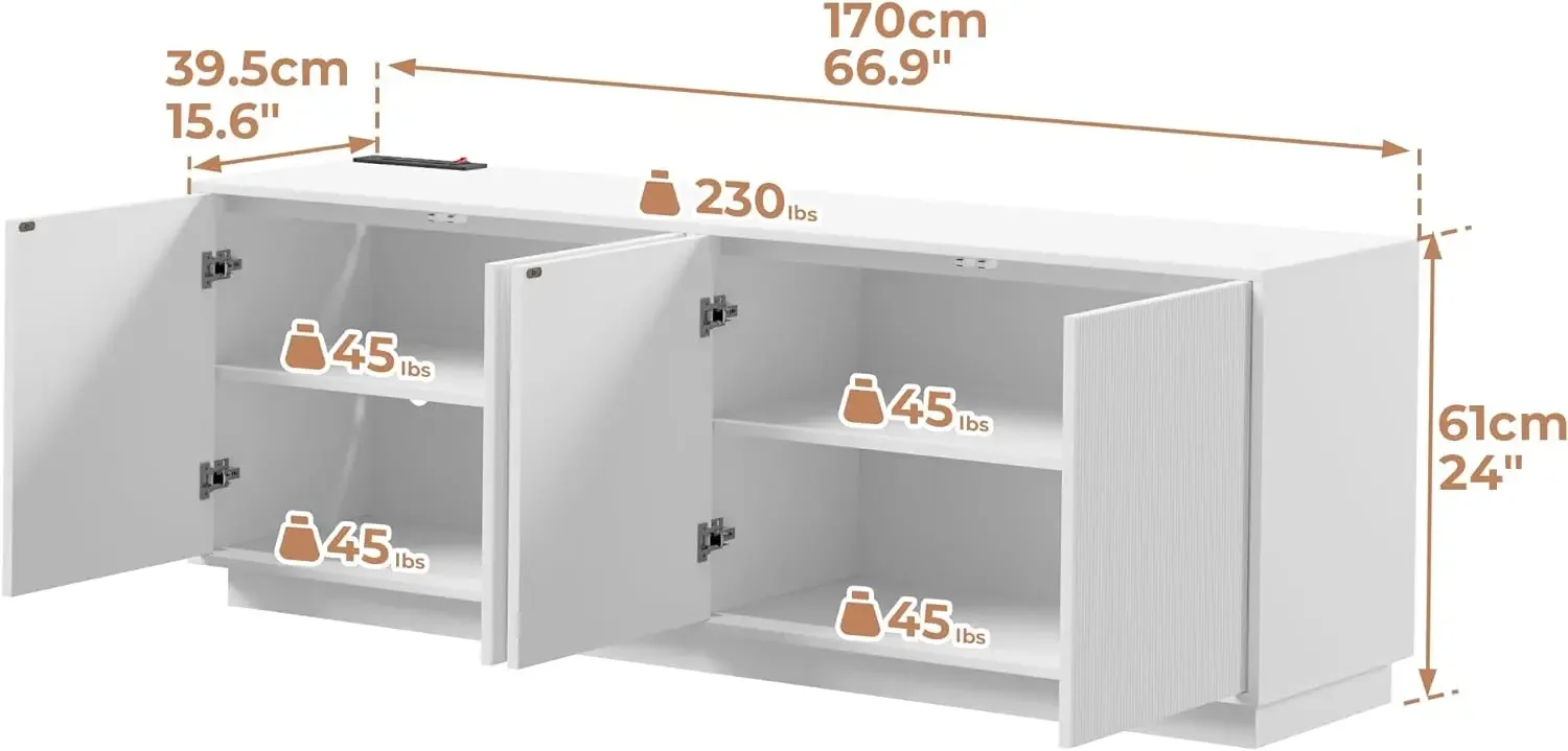 Witte Moderne Tv-Standaard Led-Lampjes Gecanneleerd 67 "Met Stopcontact, Entertainmentcentrum Met Opbergdeuren, Tv-Console Media-Kast