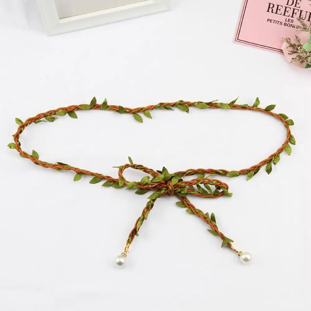 

Elegant Leaf Ethnic Style Waist Belt Bohemian Thin Leather Weave Waist Chain Coat Decor Tassel Dress Decoration Party