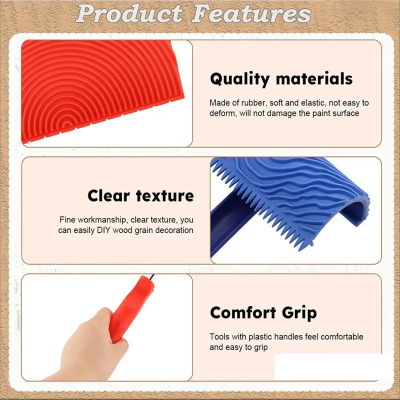 BHTS-Wood Grain Tool Set - Wood Grain Painting Roller With Handle For Wall Floor Deck Furniture DIY Room Decoration