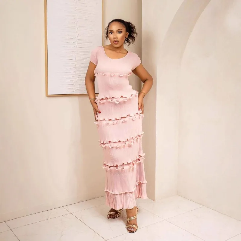 Miyake plissado moda cor sólida com decote em v vestido feminino bolo em camadas plissado plus size apertado festa elegante vestido