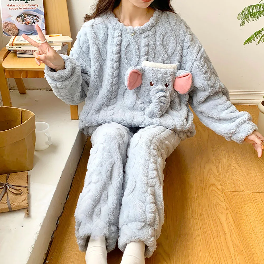 2023 Winter Long Sleeved Pants Thick Thermal Home Nightgown For Women Sweet Cartoon Pocket Patchwork Pullover Ladies Sleepwear