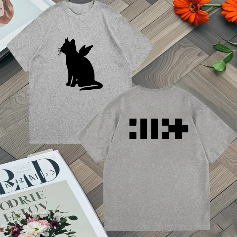 Illit kpop menina banda dupla face impressão camiseta álbum gato anjo y2k manga curta clássico hig-hend luxo produto quente de grandes dimensões