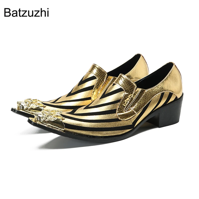 

Batzuzhi Western Shoes Men Gold Lion Iron Toe Leather Dress Shoes Men 6cm High Heels Gold Party & Wedding Shoes Men, 38-46