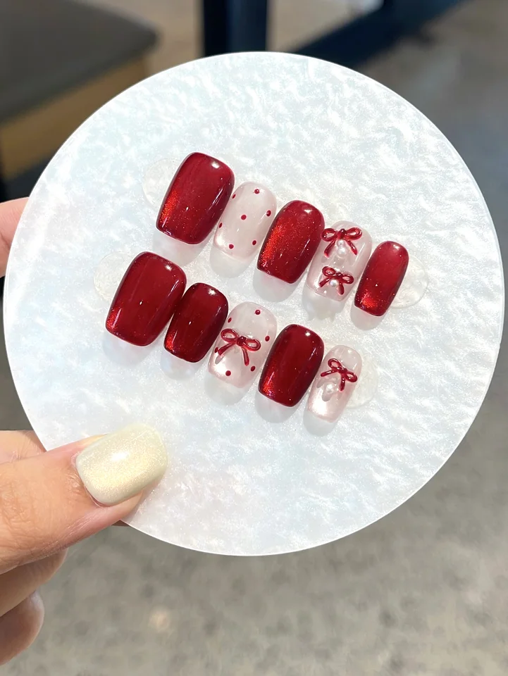XMSJ 10 piezas puramente hechas a mano rojo ojo de gato moño 3D lunares desmontables 5