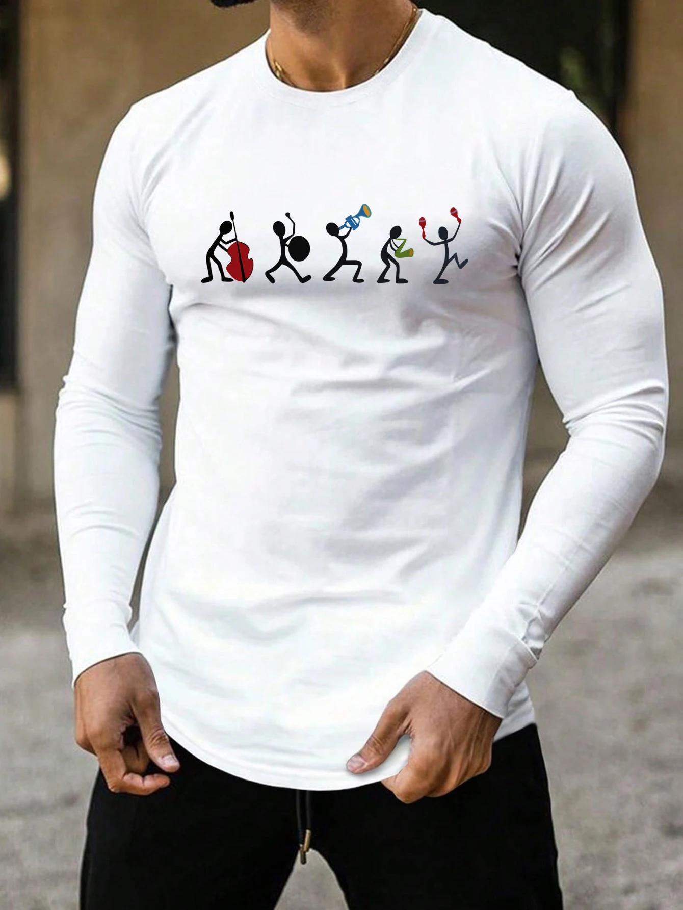 Trendy new long-sleeved t-shirt men\'s simple printed round neck T-shirt trend versatile casual tops men\'s T-shirt