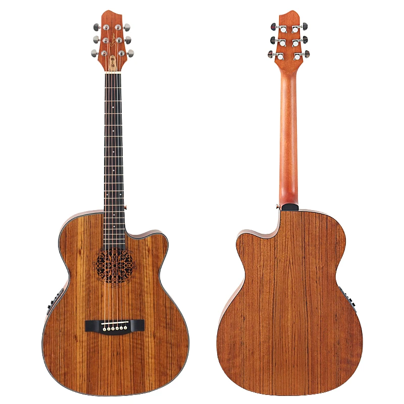 40 Inch Electric Acoustic Guitar Hickory Wood Body Flower Pattern Unique Sound Hole Folk Guitar Matte 6 Strings Wood Guitar