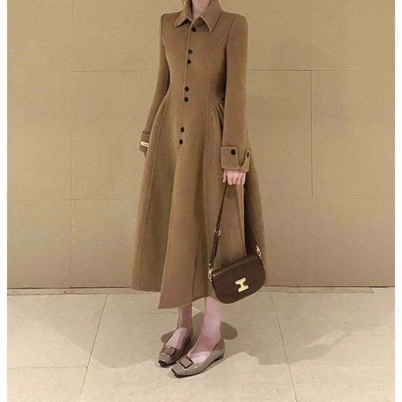 

Warm Brown French Retro Hepburn Woolen Coat New Niche Temperament Mid-length Slim Long Skirt Women's Winter