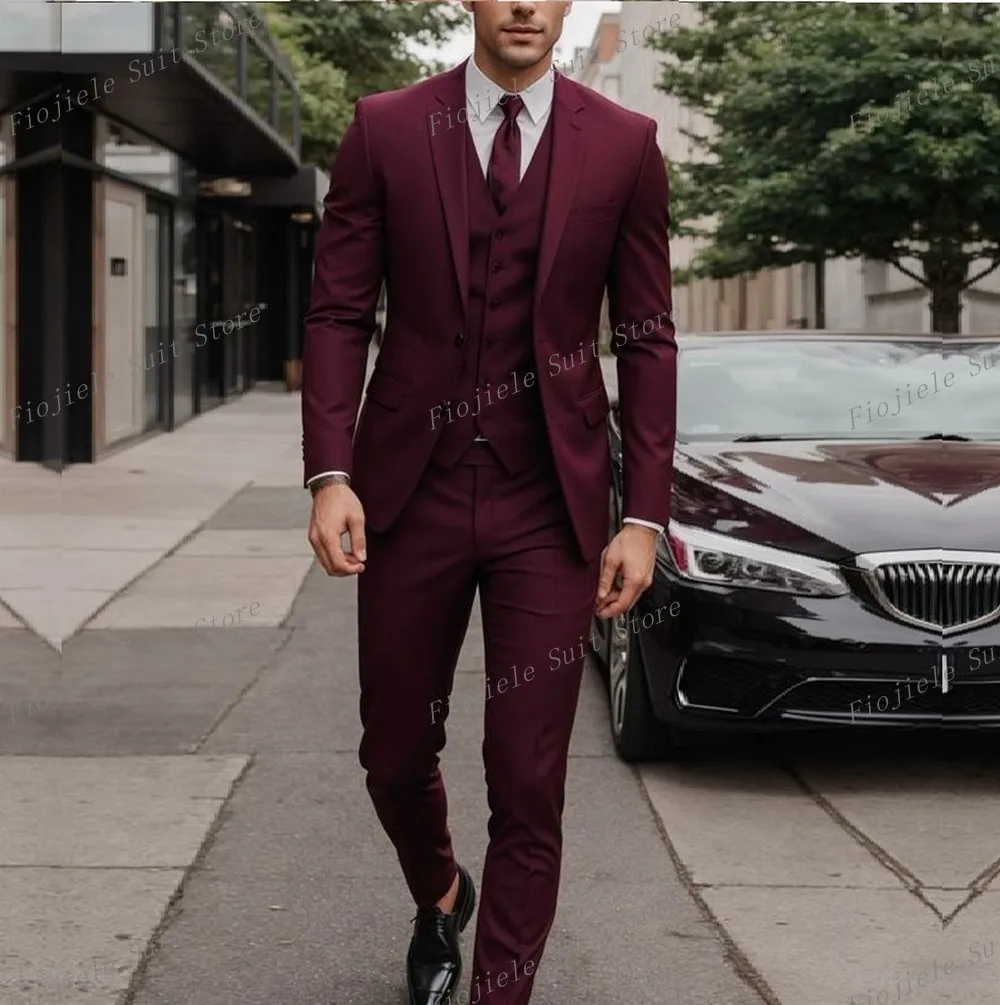 

New Burgundy Formal Occasion Men Suit Business Tuxedos Groom Groomsman Wedding Party Prom Male 3 Piece Set Blazer Vest Pants