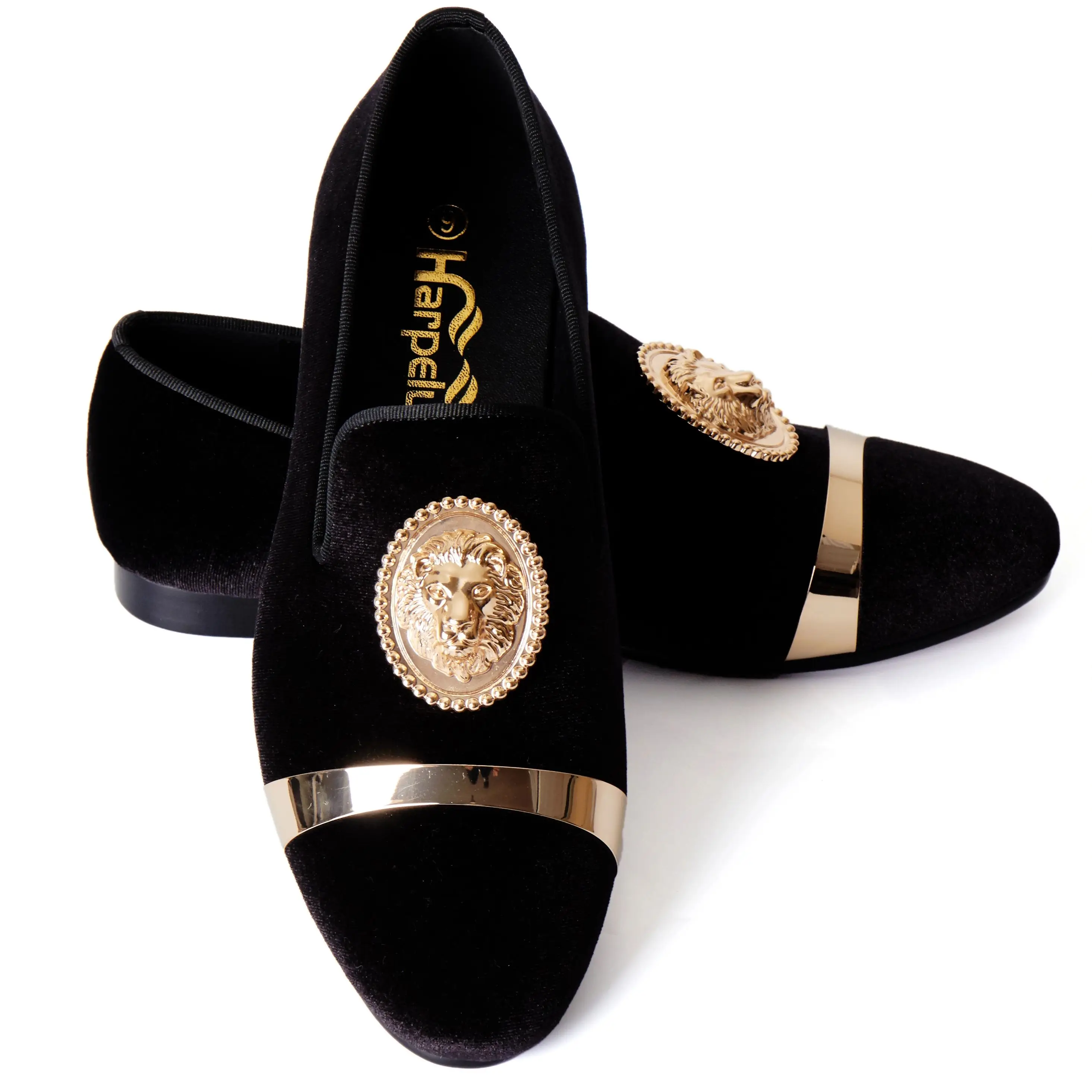 Harpelunde Black Men Velvet Loafer Animal Buckle Dress Wedding Shoes With Gold Plate