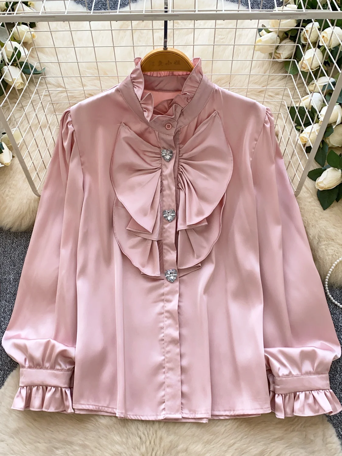 

Women's French-style Shirt Casual High-end Court Fungus Edge Splicing Long-sleeved Satin Blouse Versatile Female Top BL299