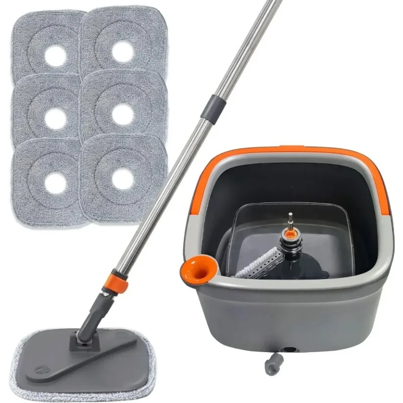 Spin Square Mop and Bucket Set M16 with 6 microfibra Replaceable Mop Pads with Self Separation Dirty and Clean