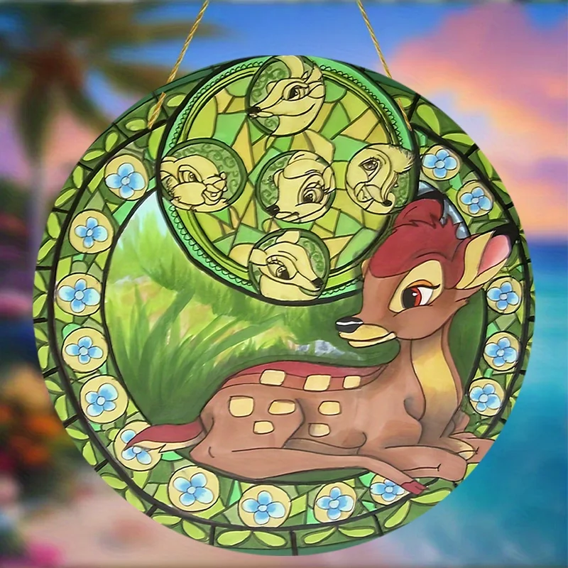 Atrapasueños 2D plano de Disney Bambi - Escena forestal acrílica estilo vitral vibrante con motivos florales, No necesita electricidad -