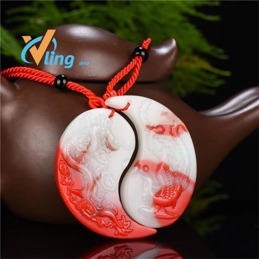 

Natural Colorful Jade Hand-carved Chicken Blood Color Dragon and Phoenix Pendant Fashion Boutique Jewelry Couple Necklace Gift