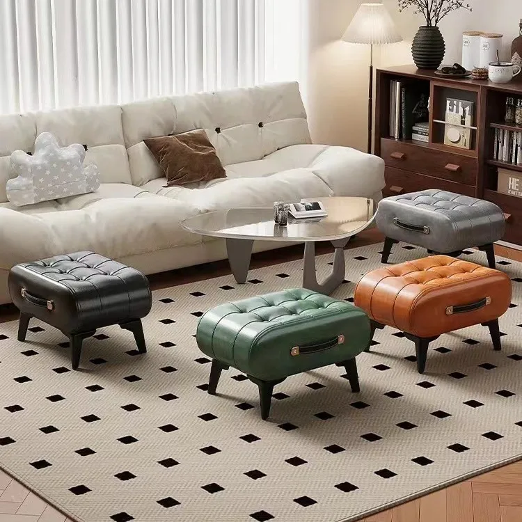 

Light Luxury Low Stool Oil Wax Leather Door Portable Stool Living Room Foot Pedal Stool Storage Small Shoe Changing Stools