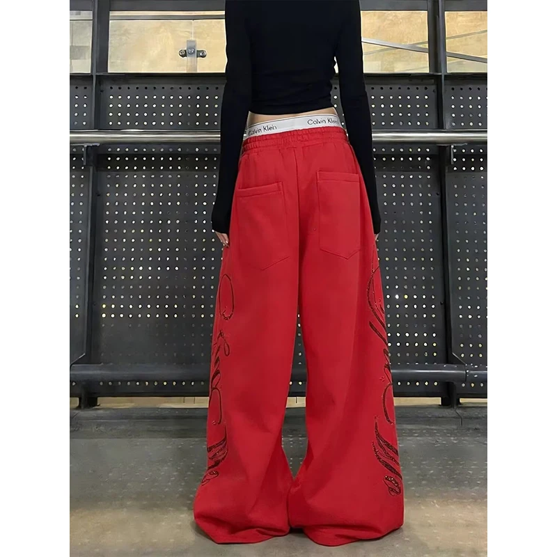 Women Red Oversize Letter Pants Harajuku Baggy Sweatpants Y2k Vintage Streetwear Japanese 2000s Trousers Summer Clothes