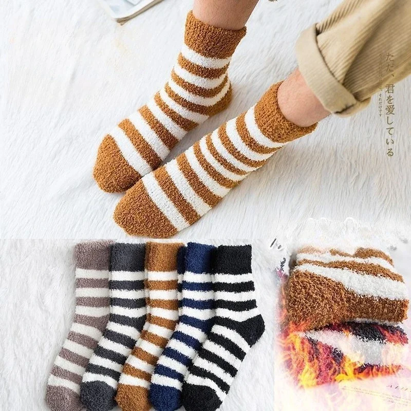 

1/5 Pair Men's Women Winter Coral Fleece Mid Tube Sock Fashionable Stripes Thick Plush Warm Comfortable Home Floor Socks for men