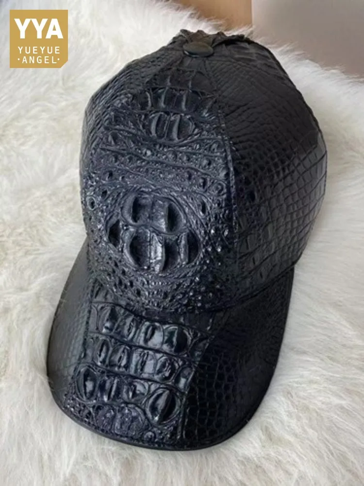 High Quality Crocodile Leather Peaked Cap Men Casual Black Genuine Leather Baseball Cap Outside Adjustable Sun Protected Hat