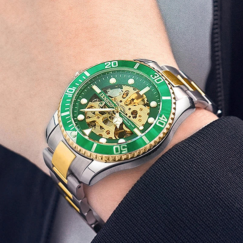 CHENXI-Reloj clásico para hombre, pulsera mecánica automática con esfera giratoria, color verde, esqueleto dorado de lujo, de imitación