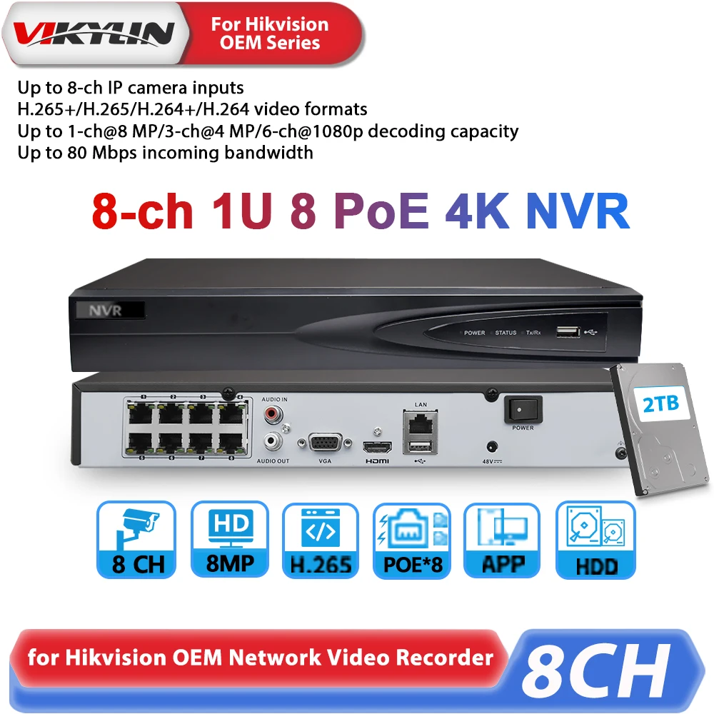 VIKYLIN Hikvision OEM 4K NVR 4POE Video Surveillance System Human Vehicle Detection Video Analytics Home Security Video Recorder