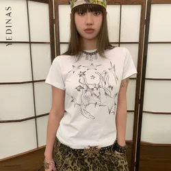 Yedinas American Retro Print Graphic T Shirts Woman Clothes Short Sleeve 2000s Clothes Y2k Korean Fashion Tees Female Clothing