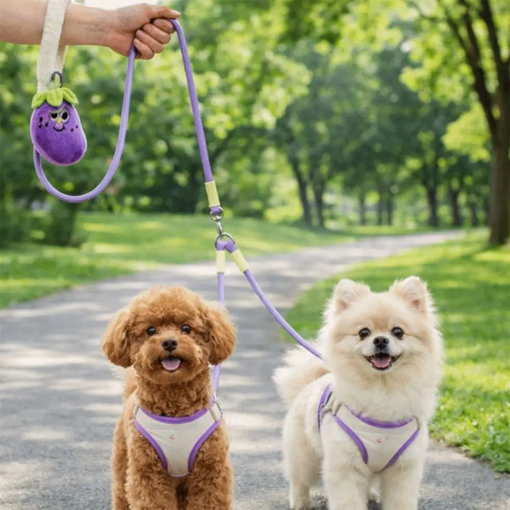 

Cartoon Dog Double-Headed Leash Breathable Mesh Eggplant Storage Bag Puppy Vest Soft Padding Dog Harness Leash Set