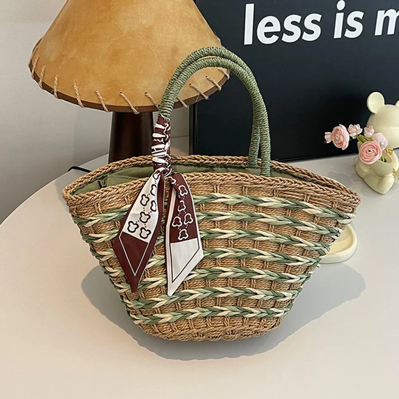 Summer Straw Woven Handbags Women Large Capacity Vegetable Basket Bags 2025 Trend Lady Seaside Vacation Beach Bag