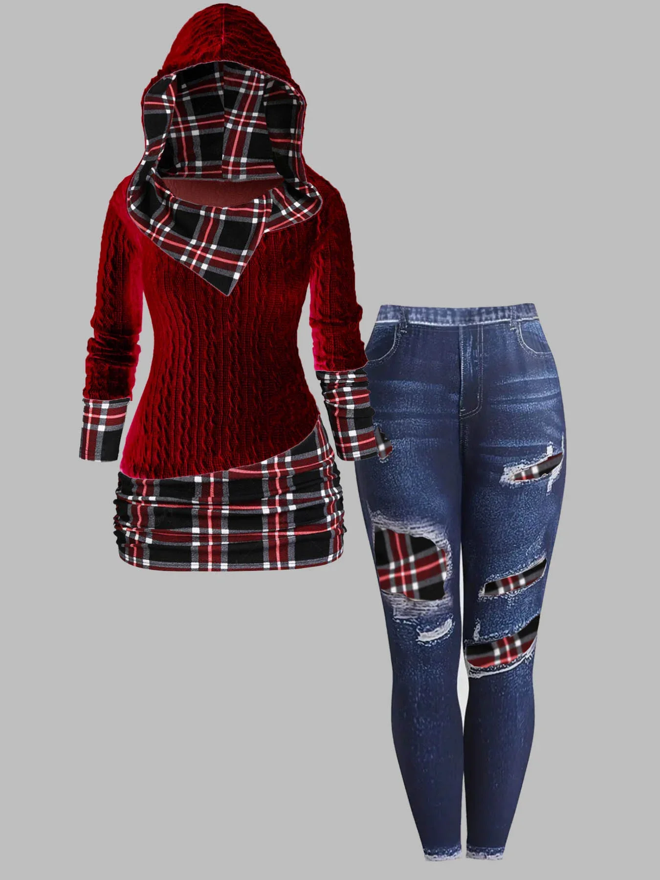 

Knitted Hooded Plus Size Two Piece Set for Women Long Sleeve Plaid Print Sweater Hoodies and High Waist Pant Casual Matching set