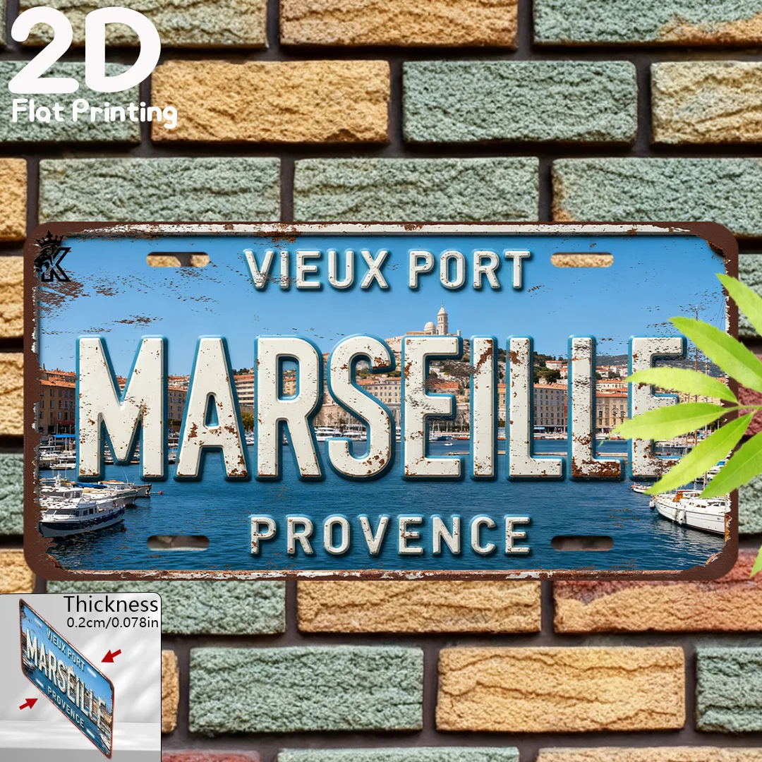 2D Flat Marseille Vieux Port Provence France Vintage Metal License Plate Travel Souvenir Retro Bar Wall Decor Tin Sign
