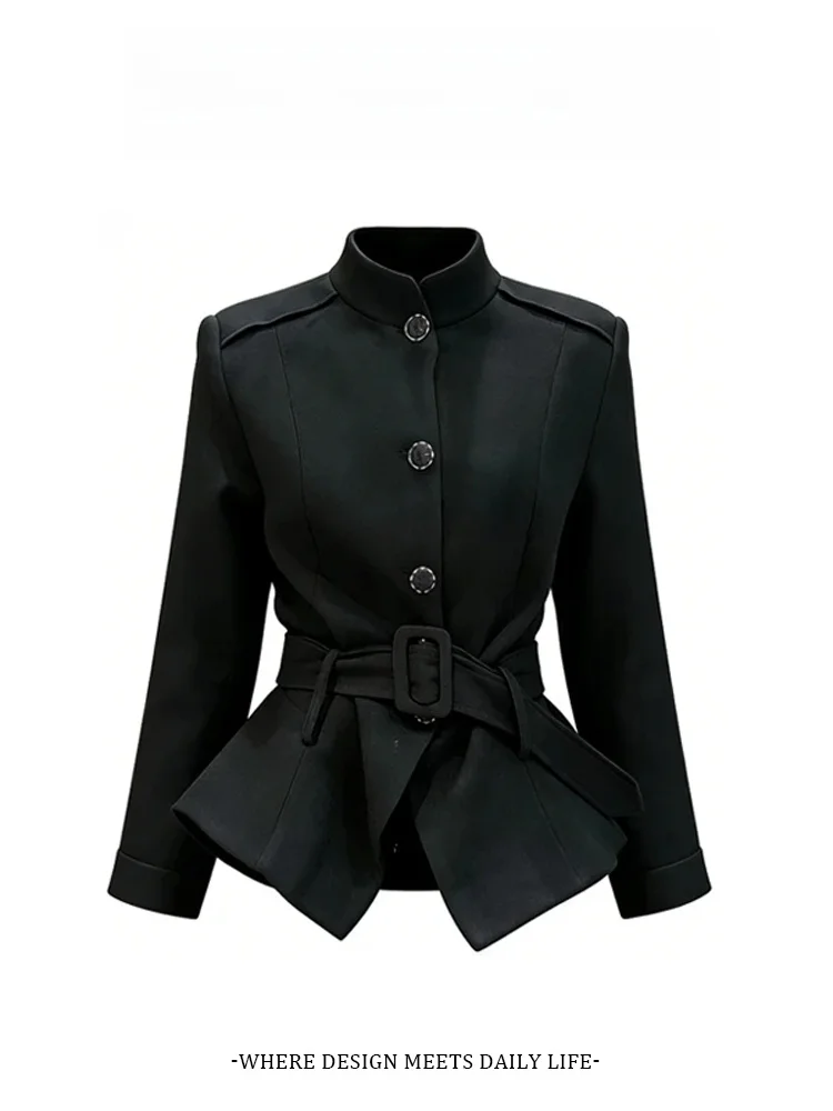 

Женский укороченный пиджак Hebe Style с зауженной талией, воротником-стойкой, металлической пряжкой и плиссированным подолом, элегантный крой, весна-осень