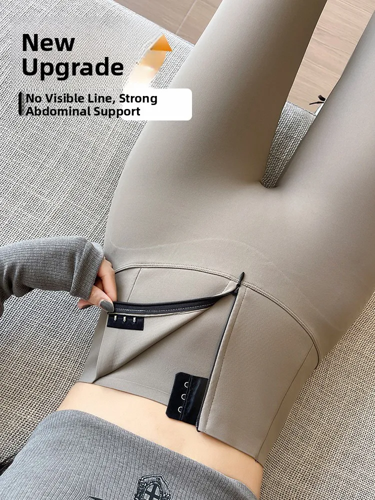 

High Waist Yoga Pants Women's Spor Outerwear Autumn Zipper Tummy Control arkskin Pants Button Detail Base Layer Trousers