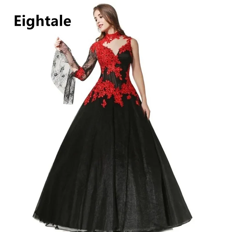 Eightale 2022 Victorian Gothic Masquerade Wedding Dress Applique Lace Beaded Long Sleeve Red and Black Ball Gown Bridal