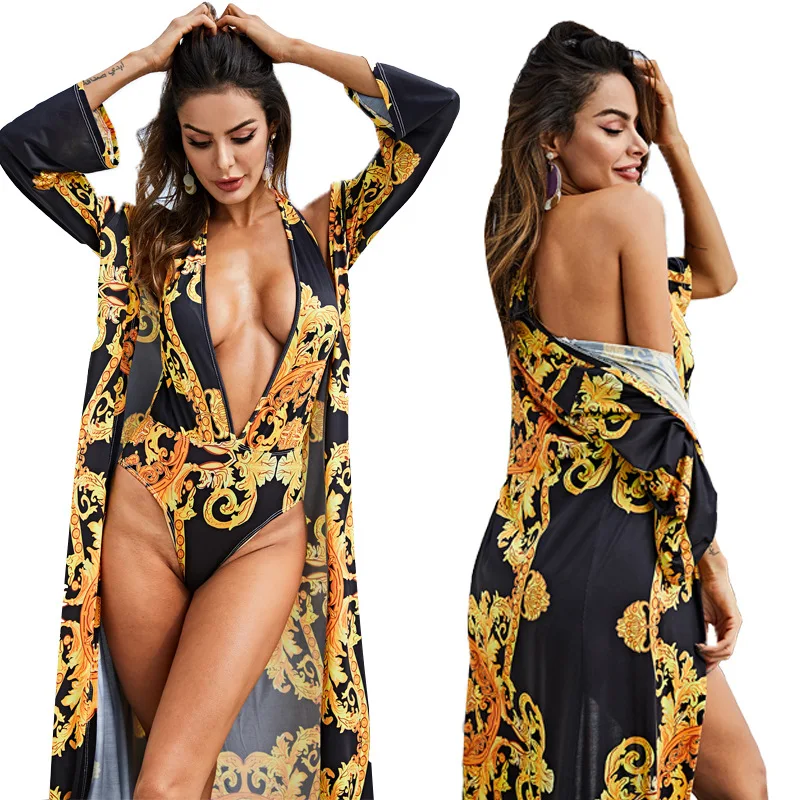 Women's Sexy Split Swimsuit, Cape and Bikini, Summer Bathing Suit, Fashion Printing, 2 Pieces