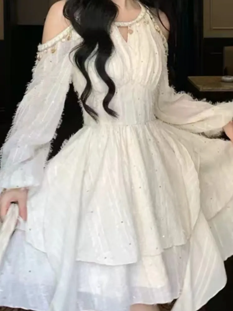 أنيقة الحلو الرسن الكشكشة فساتين متوسطة الطول الخريف Vestidos Mujer الكورية الجديدة المرأة الصلبة الجنية كم طويل ألف خط مطوي فستان