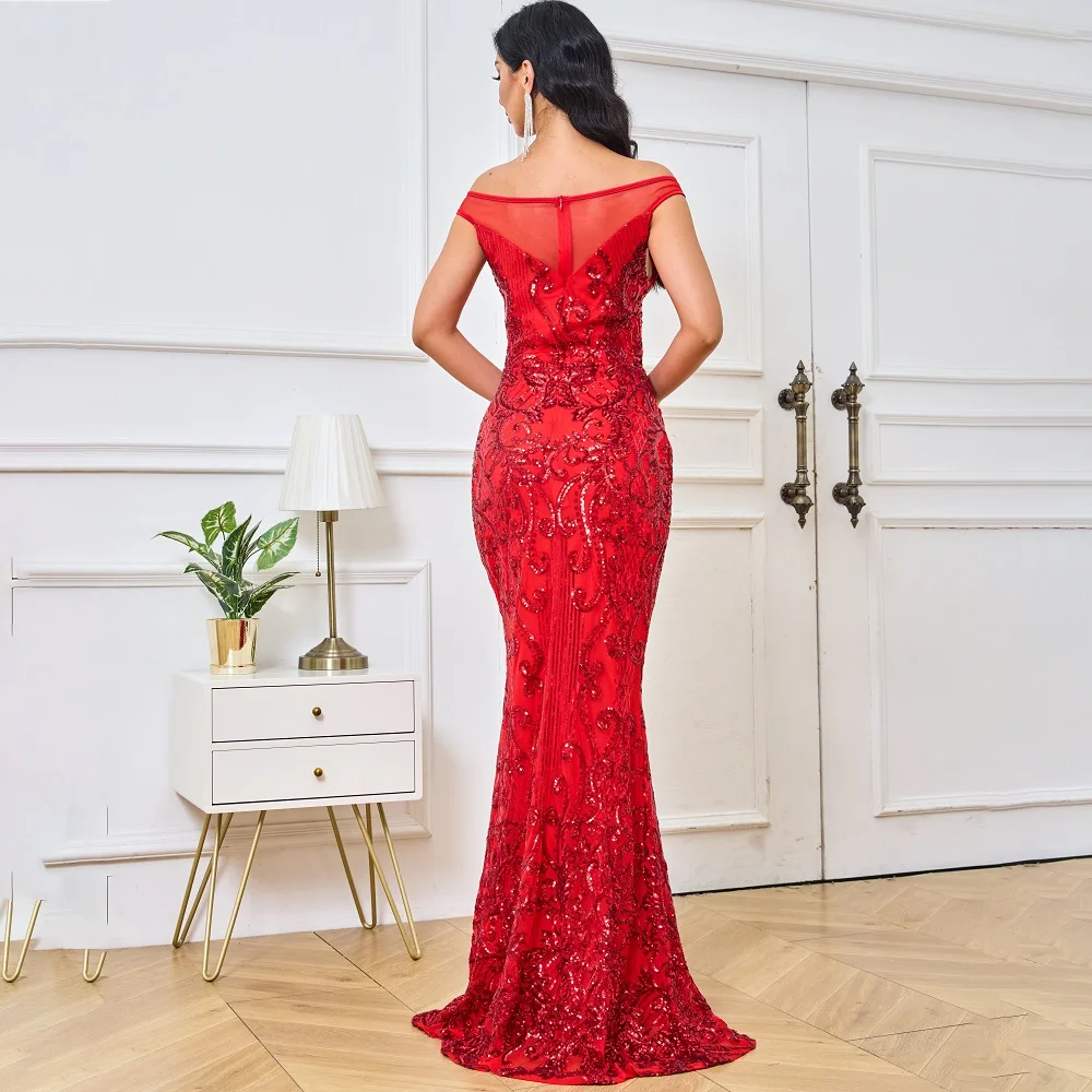 Elegant Lady Red Sequin Evening Dress Off-Shoulder Mermaid vestidos de noche formal occasion prom Glamorous Women\'s Fashion